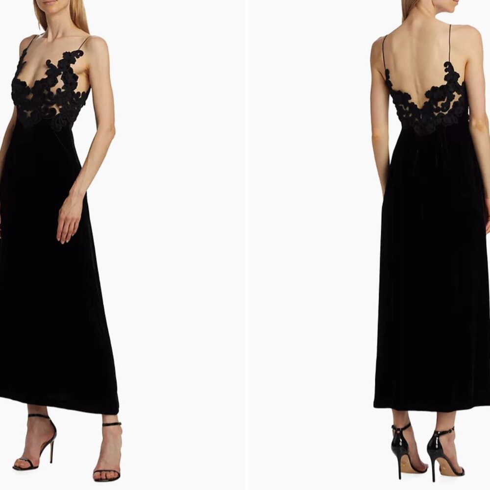 Zimmermann Black Midi Dress- Sensory Embroidered Velvet Slipdress Size 0P
